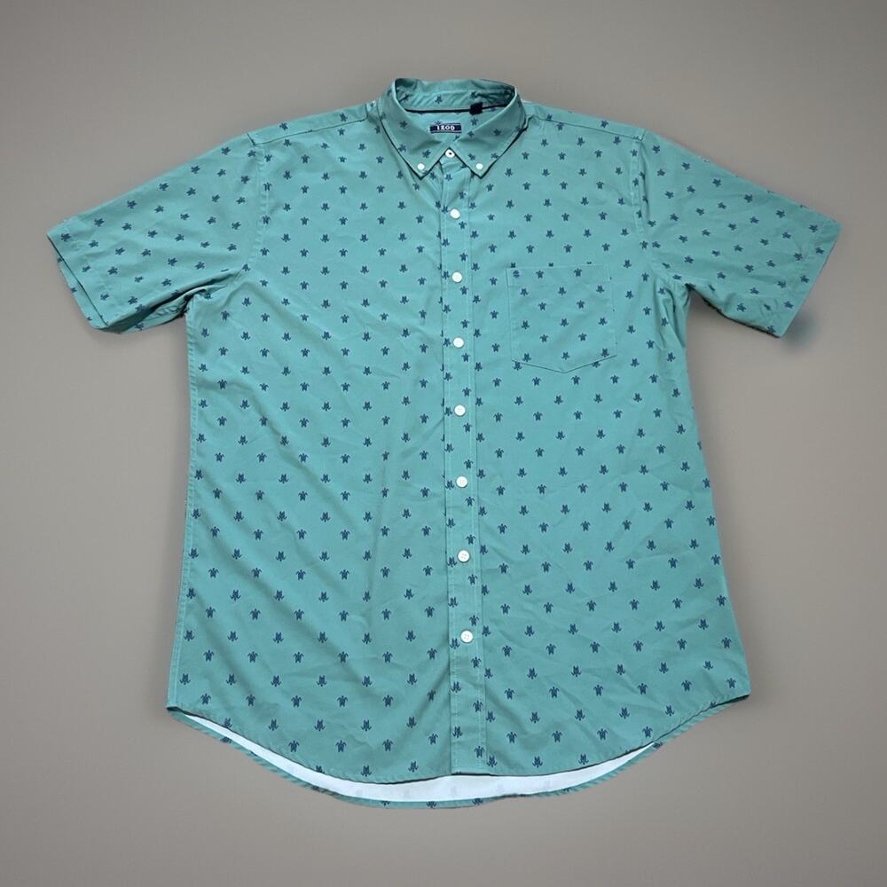 Izod Mens XLT Green Blue Turtle Print Short Sleeve Button Up Shirt Summer Travel